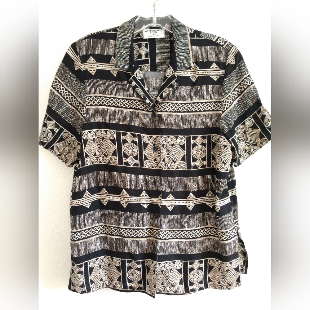 Alfred Dunner Petite Blouse Shirt Black Beige Tribal Geometric Abstract Print 6P